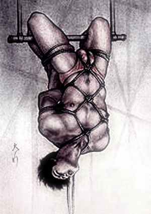 bondage japonais - dessin homme attach&eacute; et suspendu