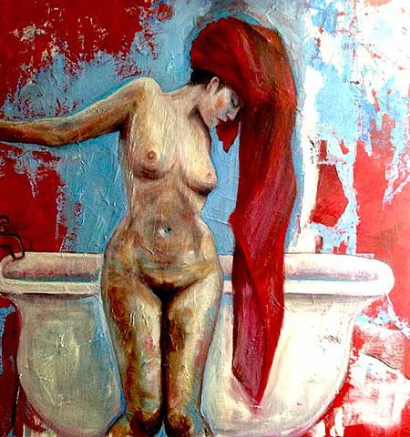 MargO - La Baignoire - huile sur papier maroufl&eacute;