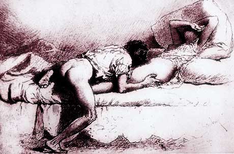Sc&egrave;ne de cunnilinctus au lit - Dessin de Zichy