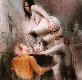 femme urinant sur un homme - dessin de Javier Gil  - d&eacute;tail 
