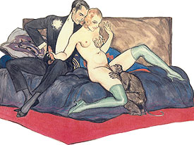 Couple et petit singe - dessin &eacute;rotique 1930