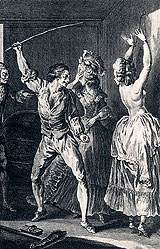 Punition - gravure de Louis Binet - 1775 - illustration du Paysan d&eacute;bauch&eacute; de Restif de la Bretonne