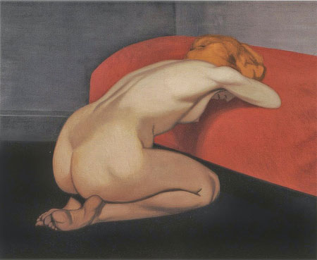 F&eacute;lix Vallotton - Femme nue agenouill&eacute;e devant un canap&eacute; rouge