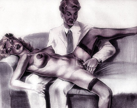 Homme masturbant une femme alanguie - d'apr&egrave;s une aquarelle circa 1955