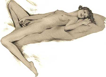 Masturbation f&eacute;minine avec un olisbos - dessin de Reunier
