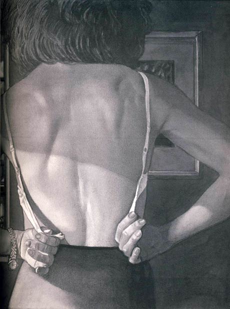 Ombre et Lumi&egrave;re - L'avocate- dessin d'une femme de dos d&eacute;grafant son soutien-gorge  