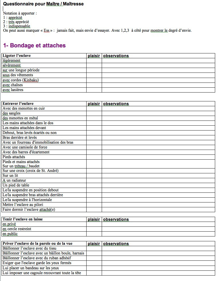 check liste ma&icirc;tre  / ma&icirc;tresse  bondage et attaches 