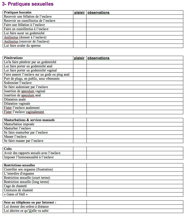 check liste ma&icirc;tre  / ma&icirc;tresse  pratiques sexuelles   